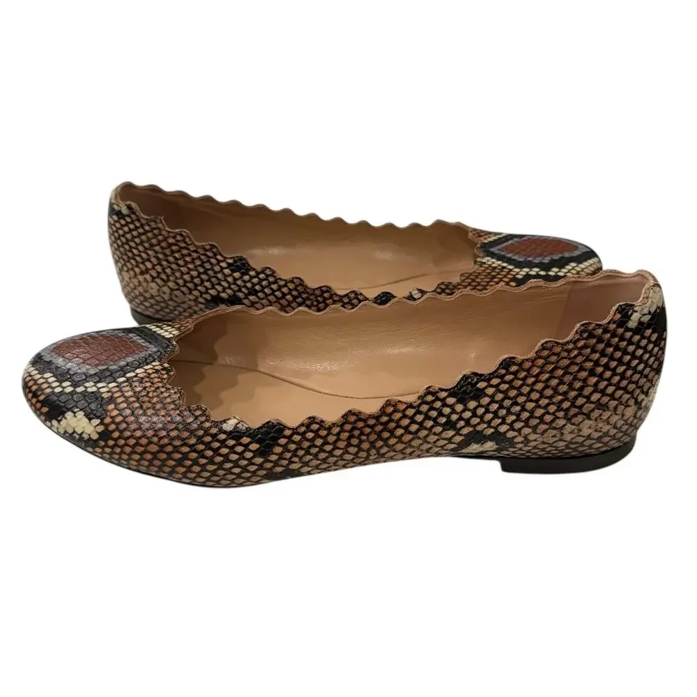 Chloé Lauren Scalloped Ballet Flats Python Snakeskin Leather Designer Shoes 38.5